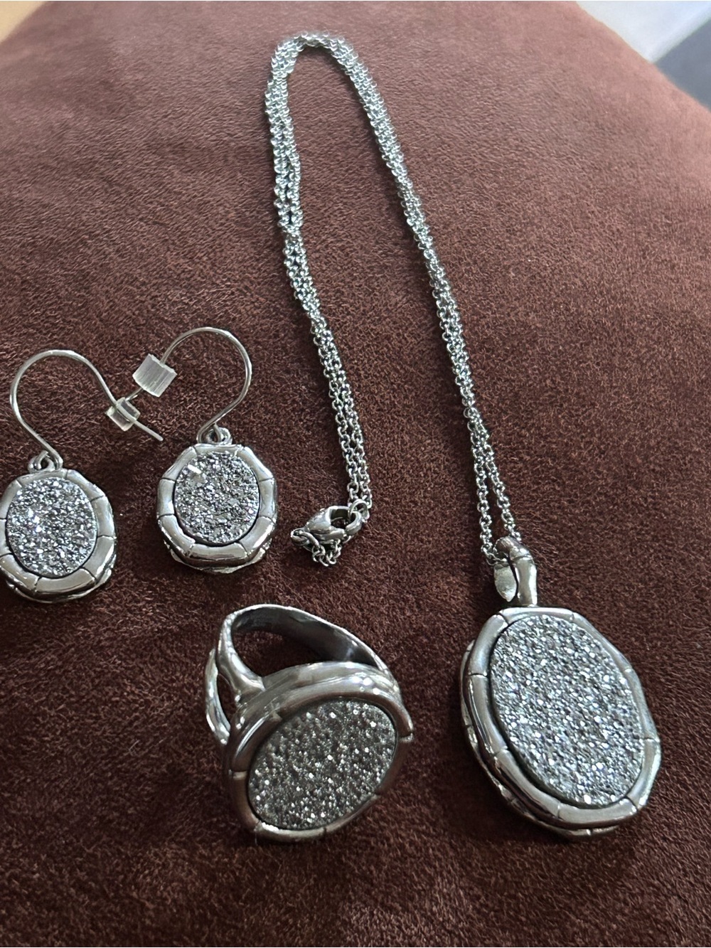 Kendra Scott Rhodium Plated Platinum Drusy 3-Pc Set Necklace Ring Earrings